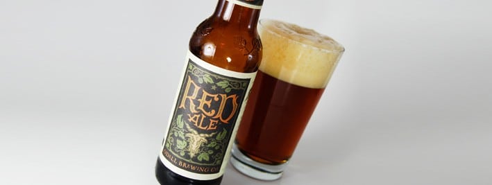 Red Ale product photo, bottle and glass